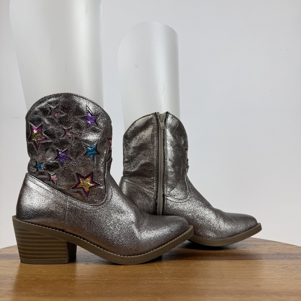 Big Kids Steve Madden Jmirey Star Gray Metallic Faux Leather Cowboy Boots Size 2